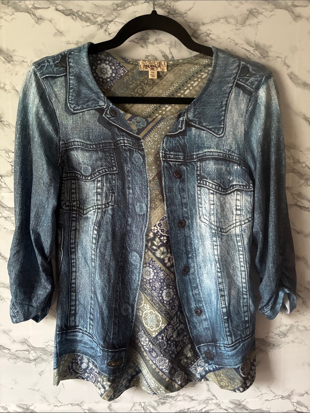ONE WORLD XS Blue Denim-Print Tunic with Patterned Inset